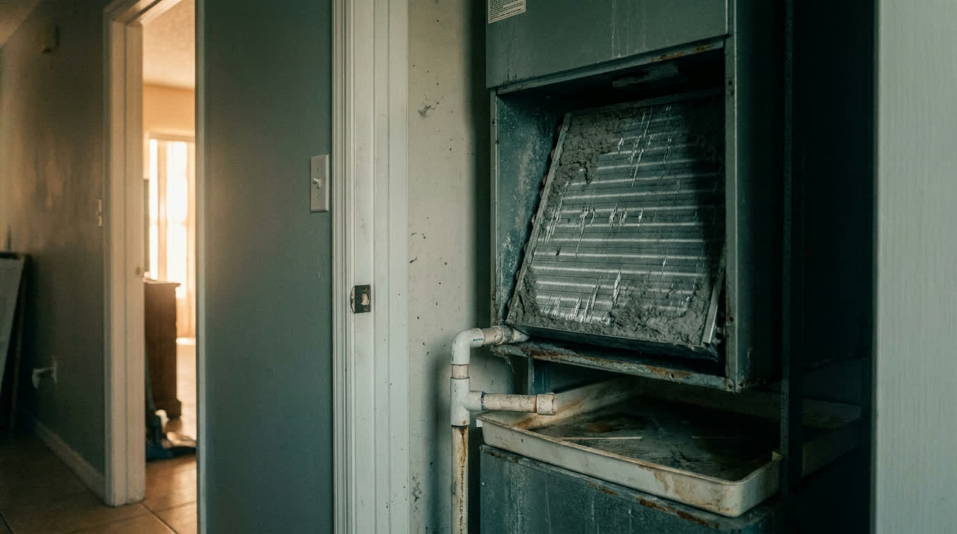 An air handler in a hallway closet with its access panel removed, showing a dust-matted evaporator coil above a rusted drain pan and a PVC condensate line.