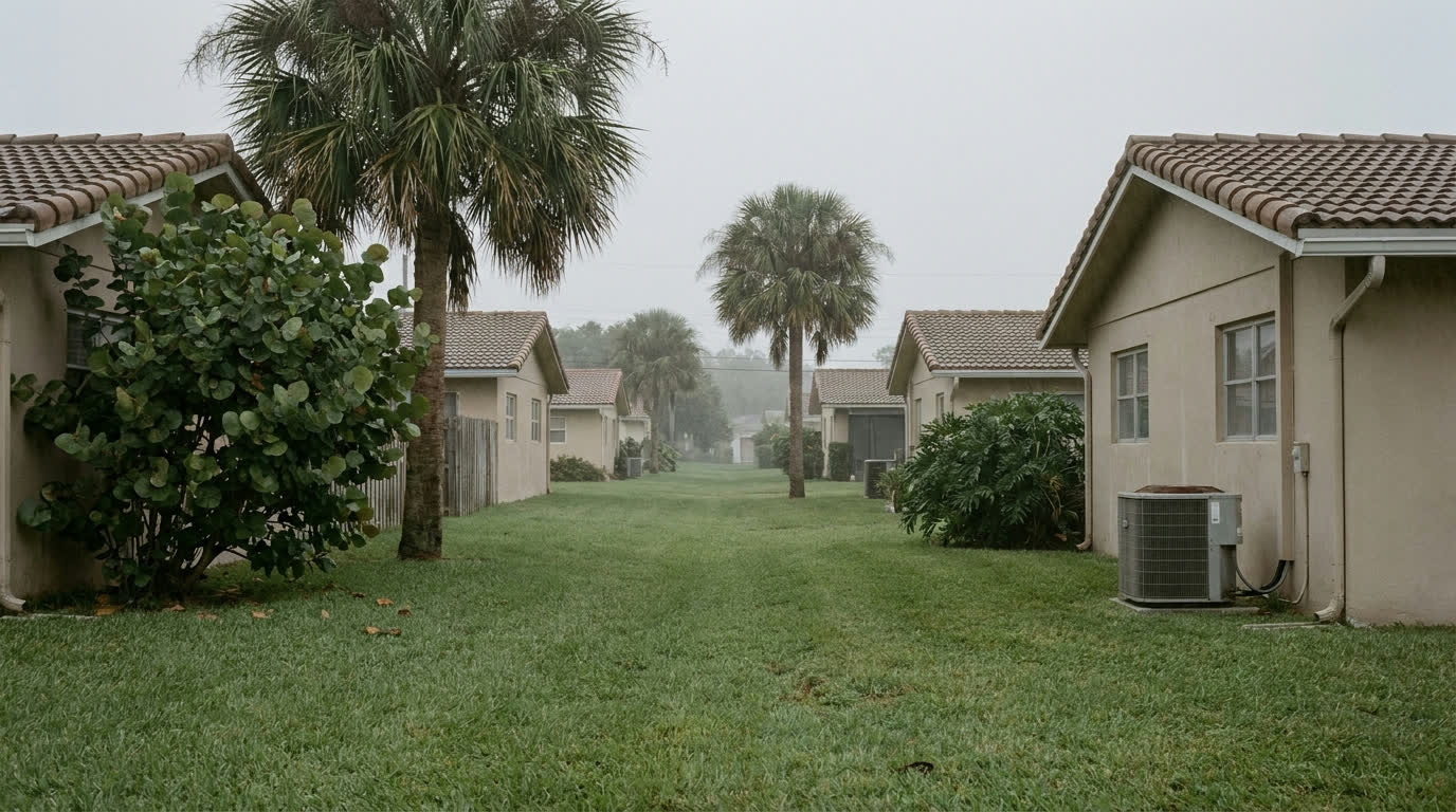 A street of single-story concrete block and stucco ranch homes with barrel tile roofs and mature palms, typical of east Broward County.